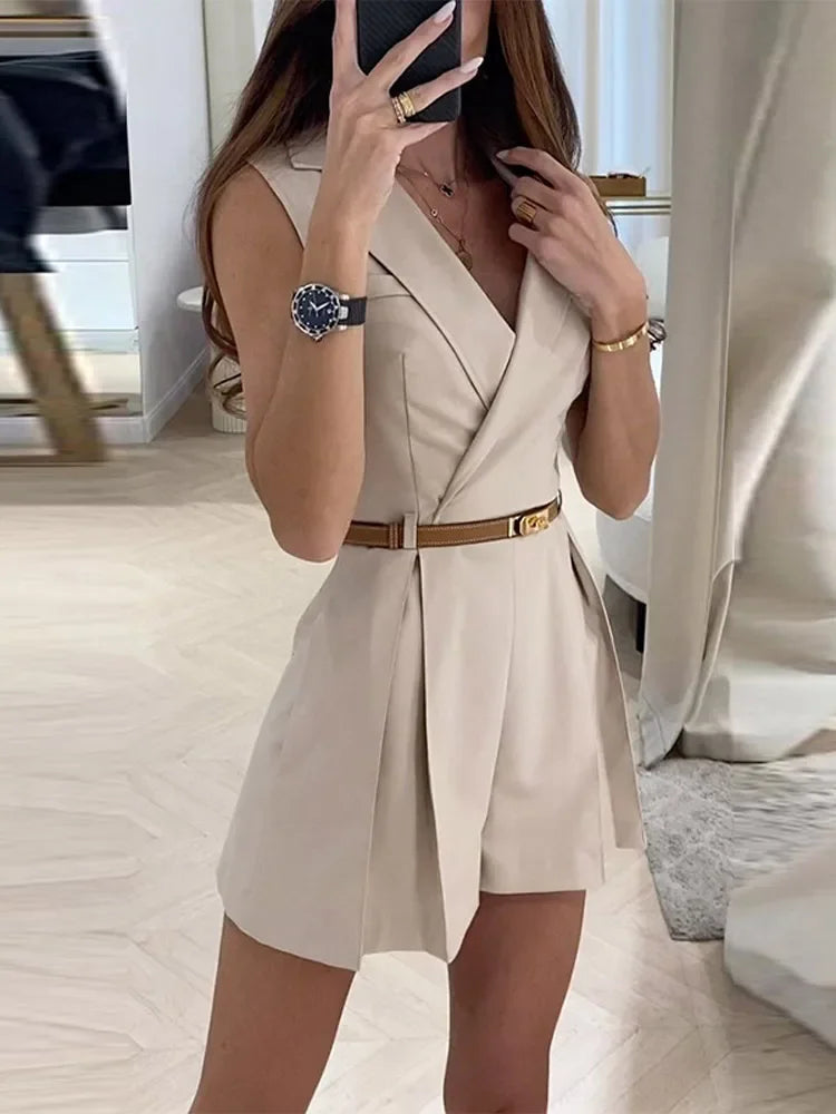 Women's Turn Down Collar Fashion Designer Belted Playsuit Rompers