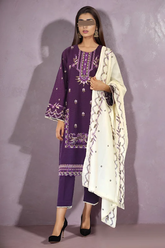 Solid Emb Self Jacquard Stitched 3 Piece with Cotton Net Dupatta