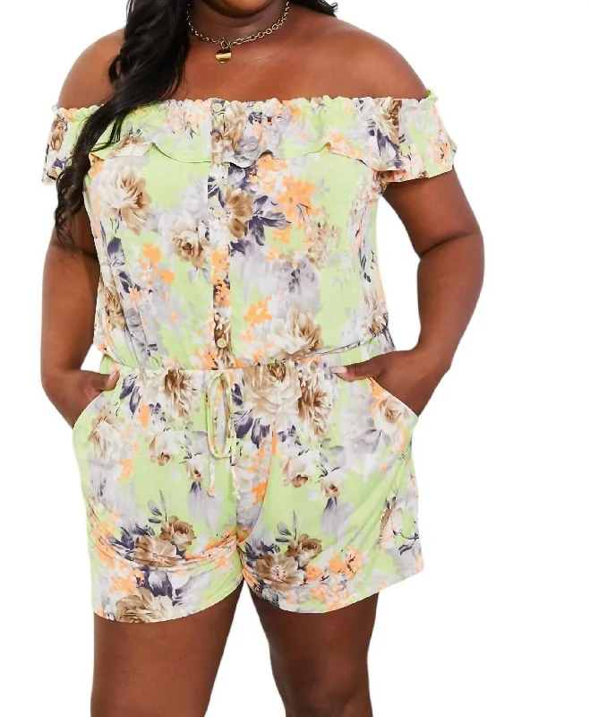 Full Size Pure Delight Floral Off-Shoulder Romper In Neon Yellow