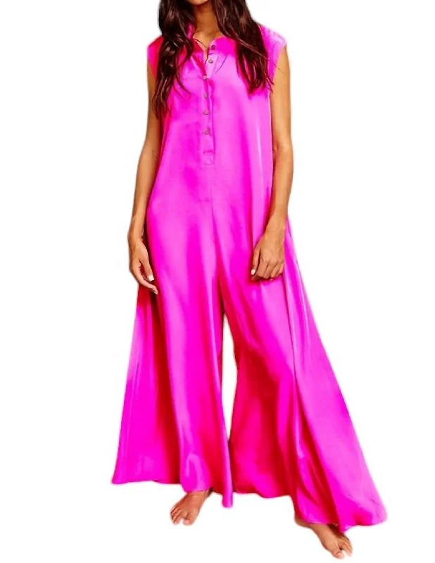 Wide Leg Solid Satin Jumpsuit In Fuschia