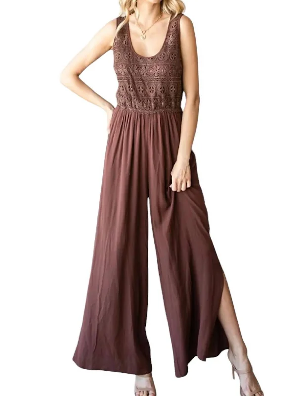 Tie Back Sleeveless Slit Wide Leg Jumpsuit In Brown