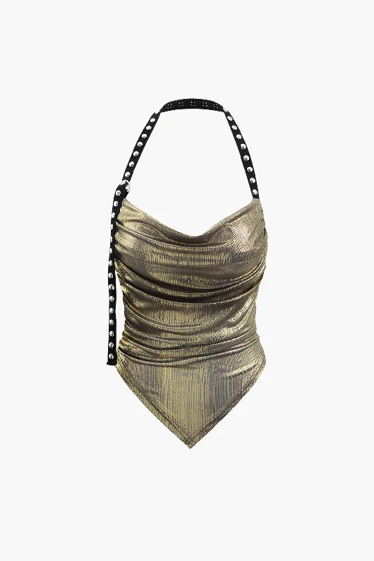 Metallic V-hem Halter Top