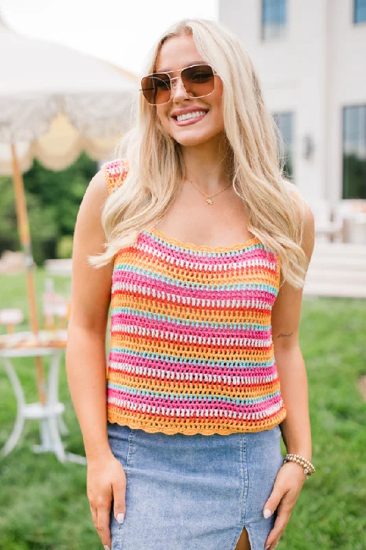 We Were Us Pink And Orange Multi Stripe Crochet Tank