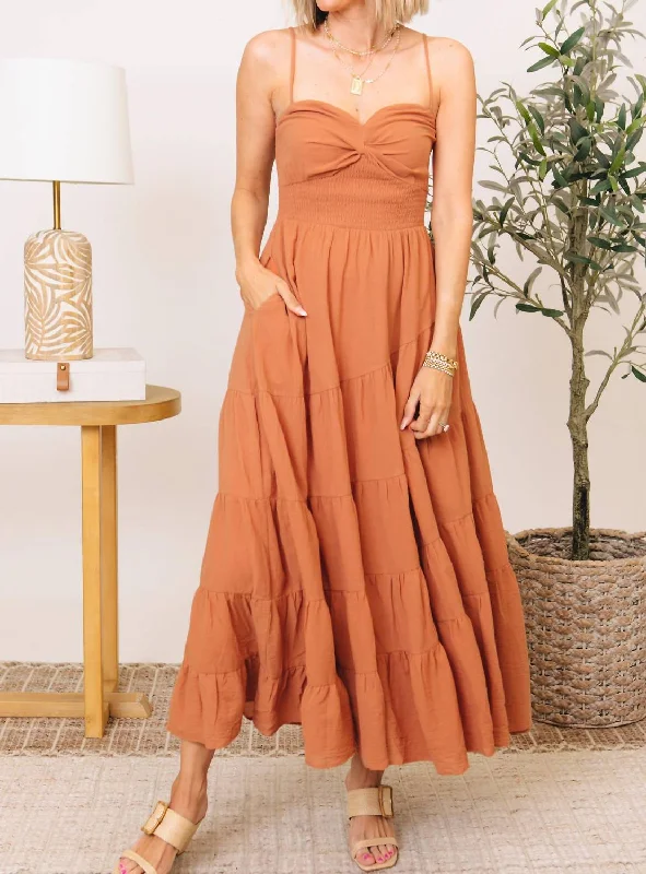 Breezy Smocked Bodice Tiered Maxi Dress In Apricot