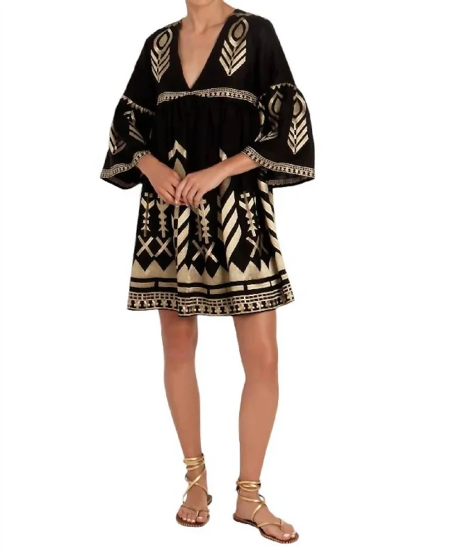 Feather Bell Sleeve Mini Dress In Black/gold