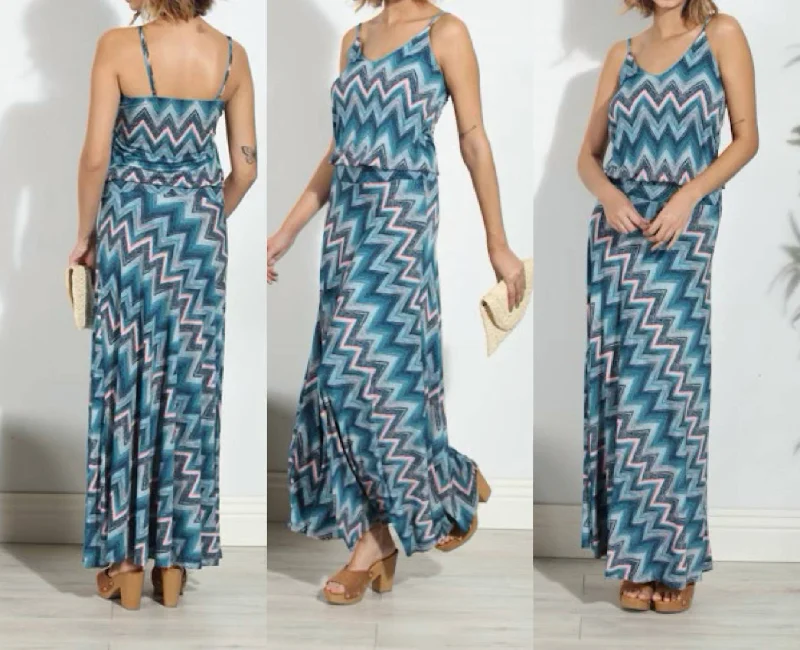 Print Sleeveless Maxi Dress In Dark Teal