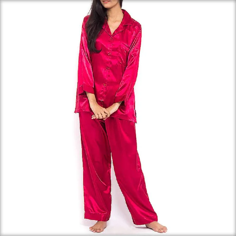 Hot Pink Polyester Solid Satin PJ Set