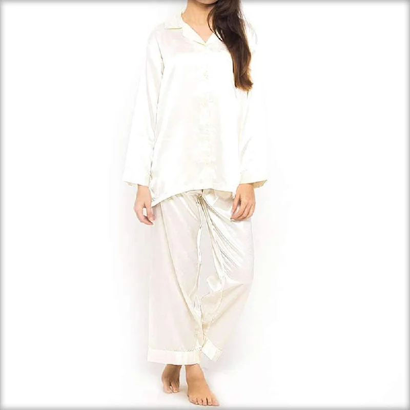 Ivory Polyester Solid Satin PJ Set