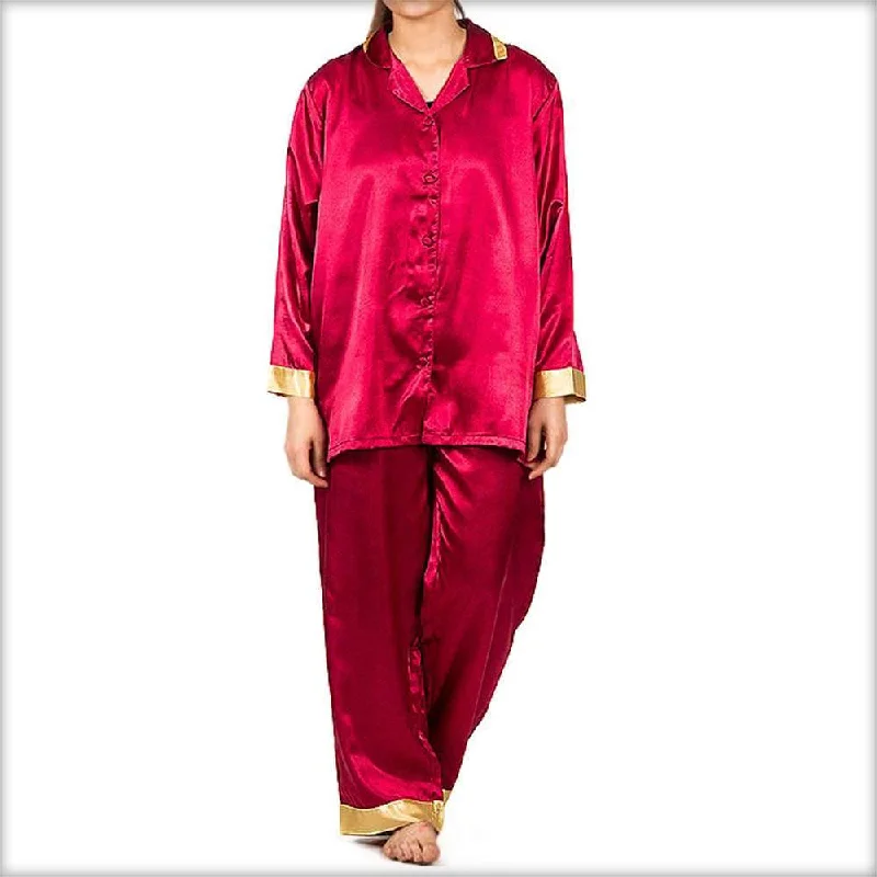 Maroon Solid Polyester Nightsuit With Golden Border