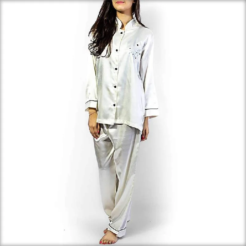 Polyester Solid Satin Night Suit with Embroidery