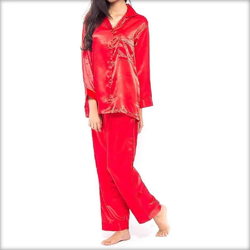 Red Polyester Solid Satin PJ Set