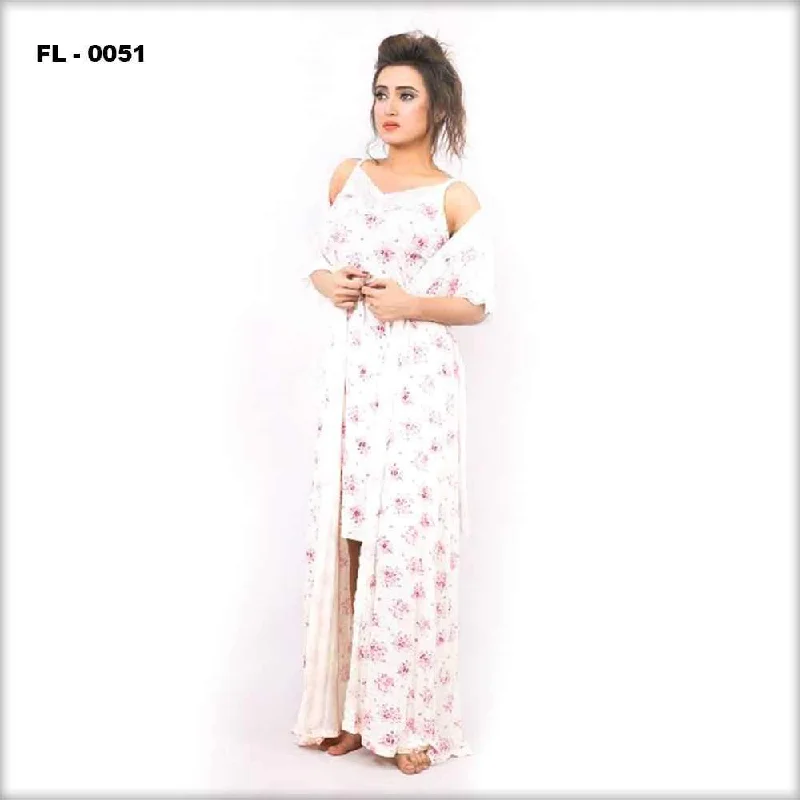 White With Pink Flower Print Flourish 2Pc Women Nightwear - FL-0051