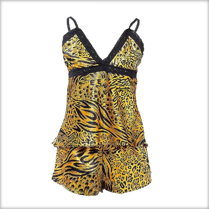 Yellow Cheetah Print Satin Shorts & Camisole Set