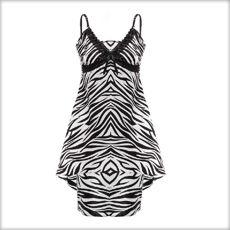 Zebra Print Satin Tail Chemise with Soft Elastic Straps