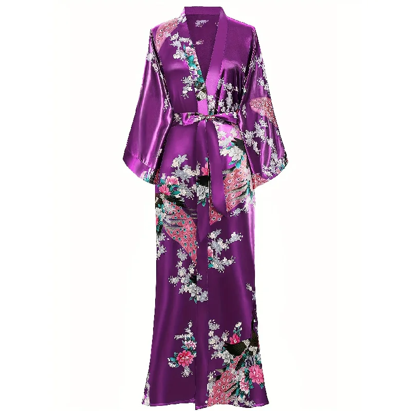 100% Mulberry Womens Silk Kimono Robe Peacock Long Silk Robe