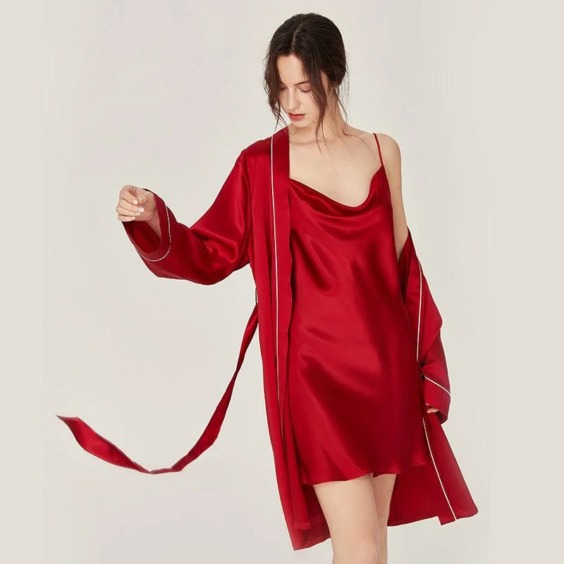 Classic Solid Silk Robe And Nightgown Set Long Sleeves 100%  Silk Sleepwear Bathrobe For Women