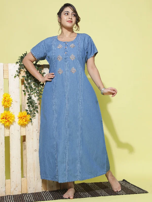 Premium Denim Designer Nighty Leaf Embroidery Sky Blue