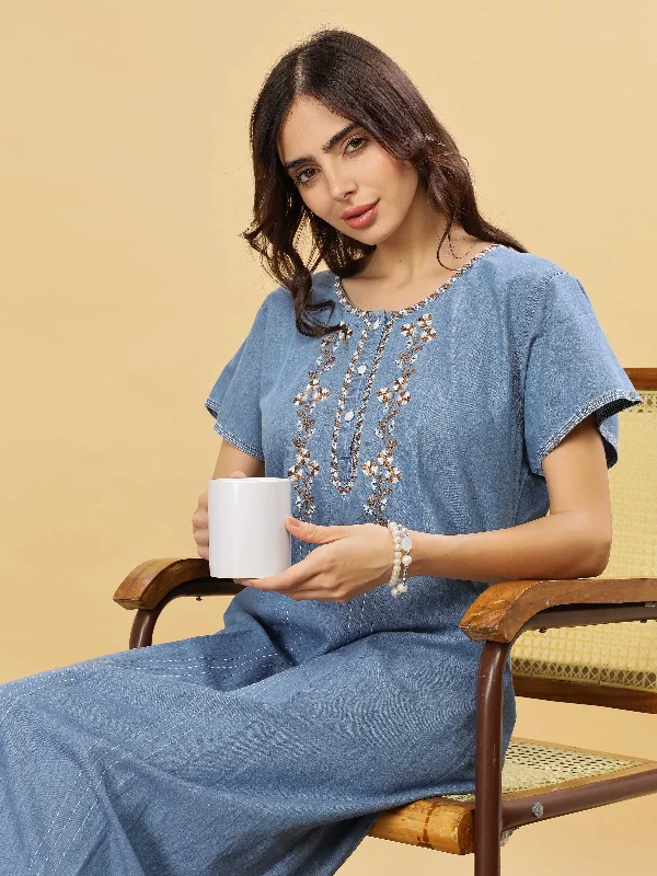 Intricate Embroidery Sky Blue Nighty - Luxurious Cotton Lounge Wear