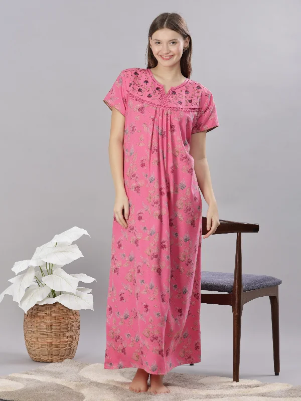 Pink Embroidered Alpine Nighty for Women with Pleats and Pocket