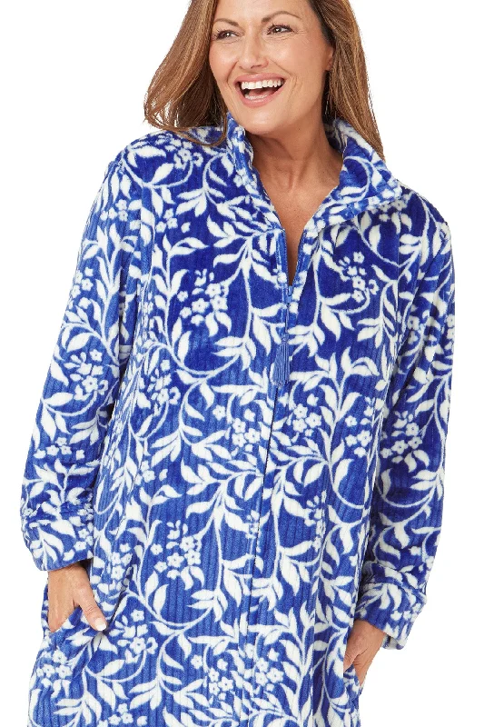 Soft Ribbed Floral Fleece  Zip Housecoat